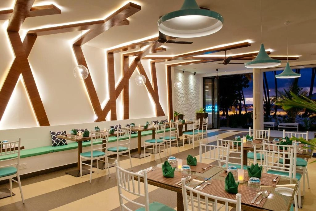 Crystal Sands restaurant interior with modern wood beams